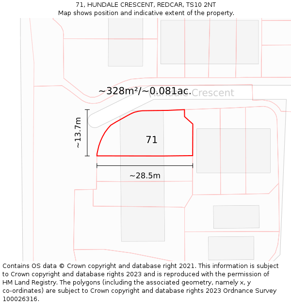 71, HUNDALE CRESCENT, REDCAR, TS10 2NT: Plot and title map