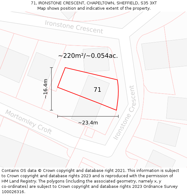 71, IRONSTONE CRESCENT, CHAPELTOWN, SHEFFIELD, S35 3XT: Plot and title map