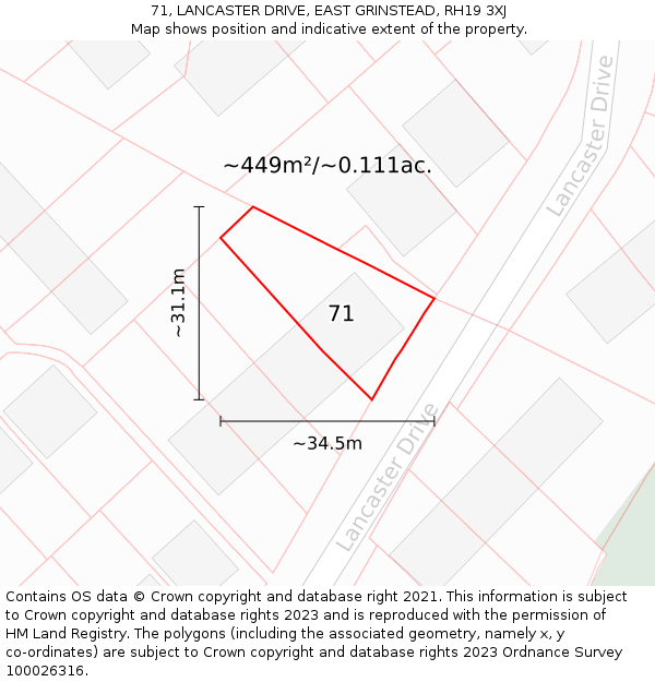 71, LANCASTER DRIVE, EAST GRINSTEAD, RH19 3XJ: Plot and title map