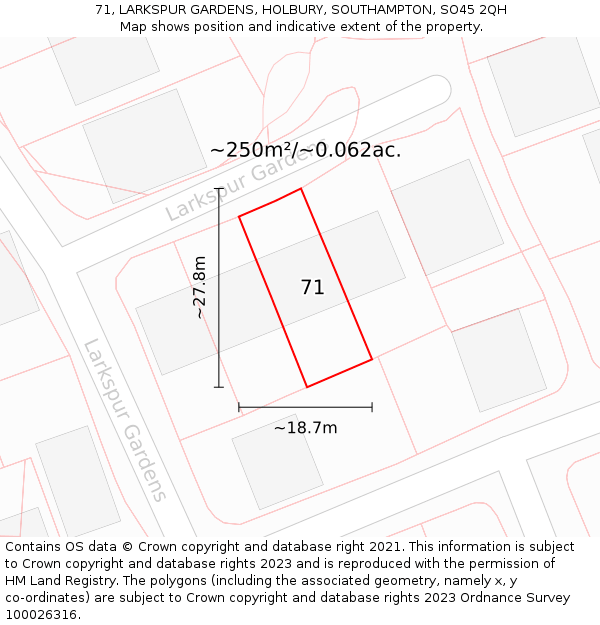 71, LARKSPUR GARDENS, HOLBURY, SOUTHAMPTON, SO45 2QH: Plot and title map