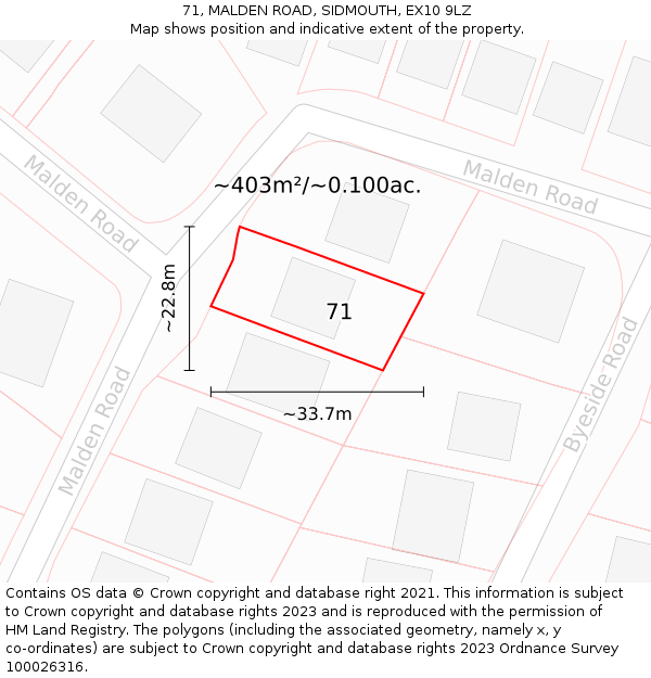 71, MALDEN ROAD, SIDMOUTH, EX10 9LZ: Plot and title map