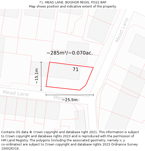 71, MEAD LANE, BOGNOR REGIS, PO22 8AP: Plot and title map