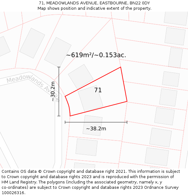 71, MEADOWLANDS AVENUE, EASTBOURNE, BN22 0DY: Plot and title map