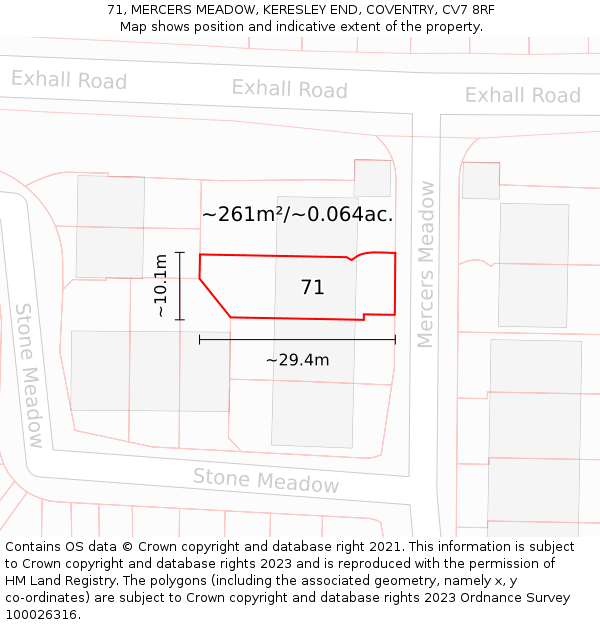 71, MERCERS MEADOW, KERESLEY END, COVENTRY, CV7 8RF: Plot and title map