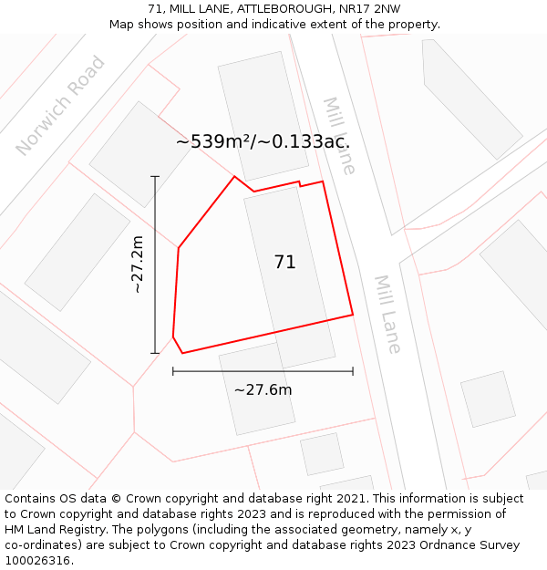 71, MILL LANE, ATTLEBOROUGH, NR17 2NW: Plot and title map