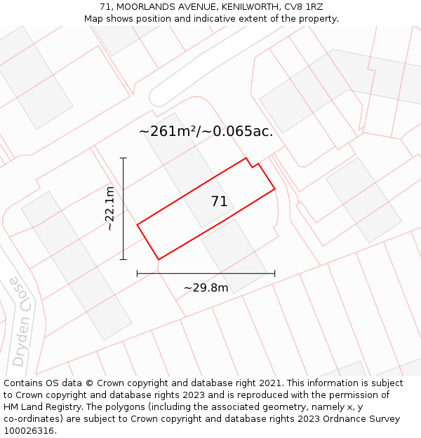 71, MOORLANDS AVENUE, KENILWORTH, CV8 1RZ: Plot and title map