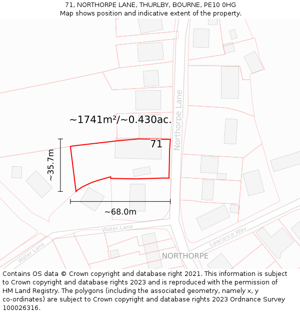 71, NORTHORPE LANE, THURLBY, BOURNE, PE10 0HG: Plot and title map