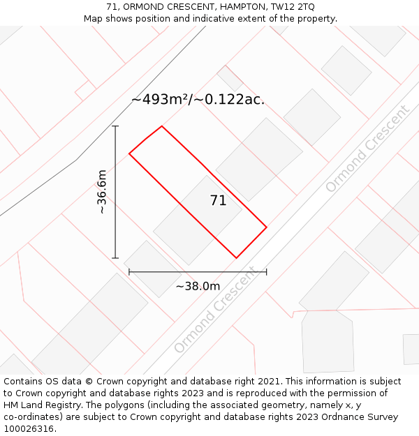 71, ORMOND CRESCENT, HAMPTON, TW12 2TQ: Plot and title map