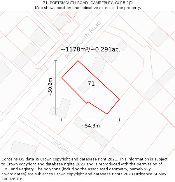 71, PORTSMOUTH ROAD, CAMBERLEY, GU15 1JD: Plot and title map