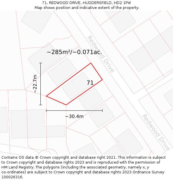 71, REDWOOD DRIVE, HUDDERSFIELD, HD2 1PW: Plot and title map