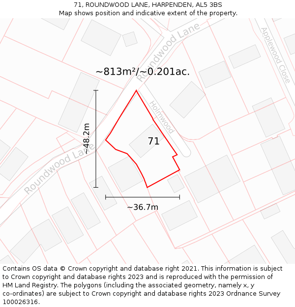 71, ROUNDWOOD LANE, HARPENDEN, AL5 3BS: Plot and title map