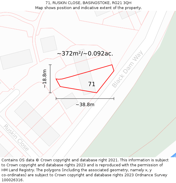 71, RUSKIN CLOSE, BASINGSTOKE, RG21 3QH: Plot and title map