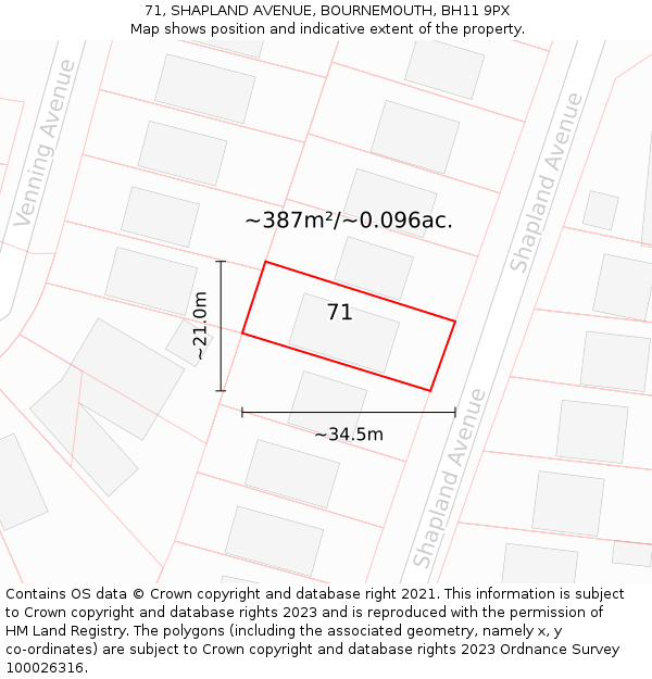 71, SHAPLAND AVENUE, BOURNEMOUTH, BH11 9PX: Plot and title map