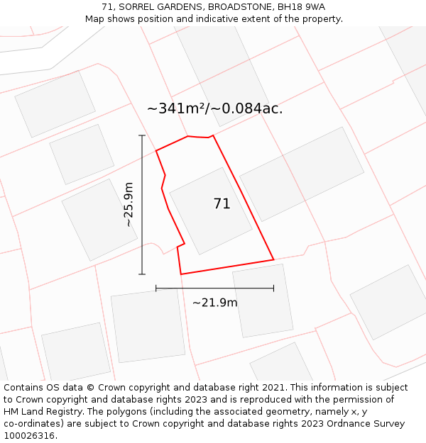 71, SORREL GARDENS, BROADSTONE, BH18 9WA: Plot and title map