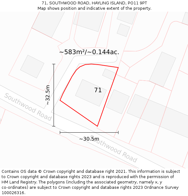 71, SOUTHWOOD ROAD, HAYLING ISLAND, PO11 9PT: Plot and title map