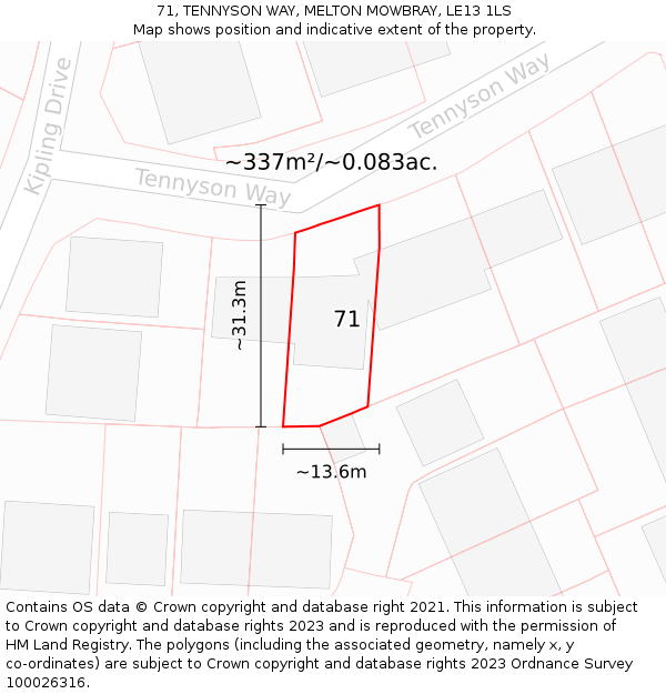 71, TENNYSON WAY, MELTON MOWBRAY, LE13 1LS: Plot and title map