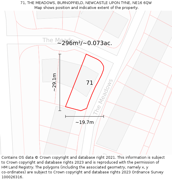 71, THE MEADOWS, BURNOPFIELD, NEWCASTLE UPON TYNE, NE16 6QW: Plot and title map