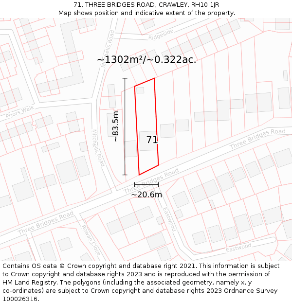 71, THREE BRIDGES ROAD, CRAWLEY, RH10 1JR: Plot and title map