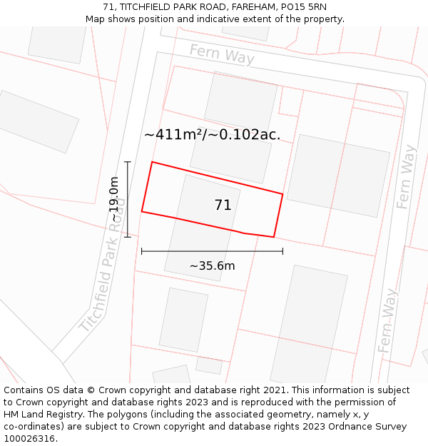 71, TITCHFIELD PARK ROAD, FAREHAM, PO15 5RN: Plot and title map