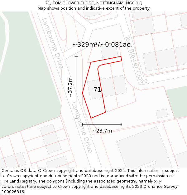 71, TOM BLOWER CLOSE, NOTTINGHAM, NG8 1JQ: Plot and title map