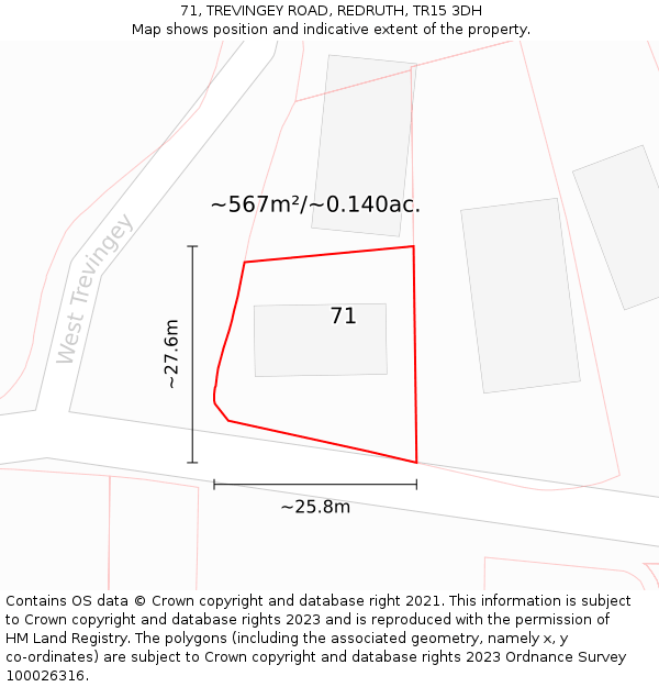 71, TREVINGEY ROAD, REDRUTH, TR15 3DH: Plot and title map