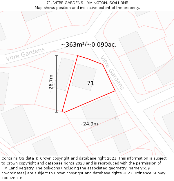 71, VITRE GARDENS, LYMINGTON, SO41 3NB: Plot and title map