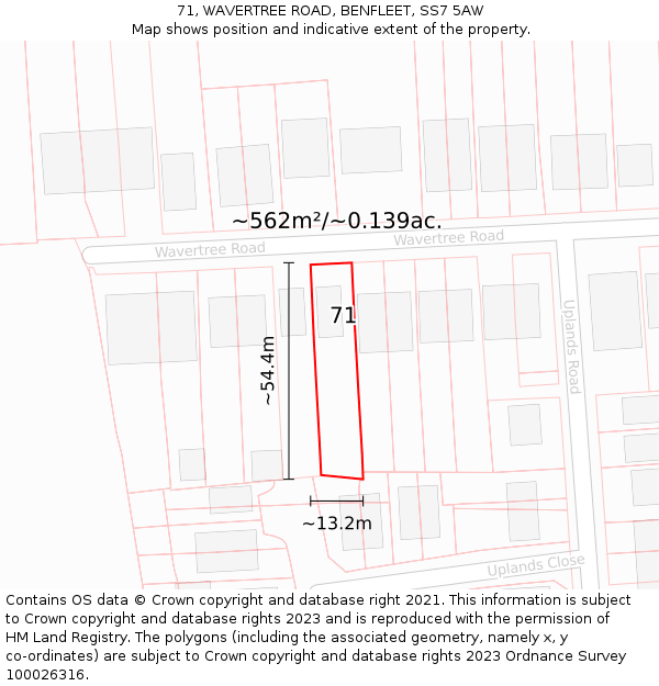 71, WAVERTREE ROAD, BENFLEET, SS7 5AW: Plot and title map