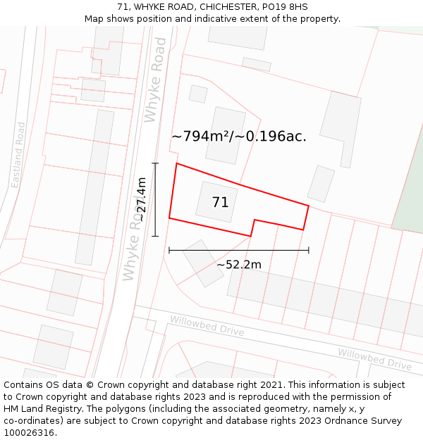71, WHYKE ROAD, CHICHESTER, PO19 8HS: Plot and title map