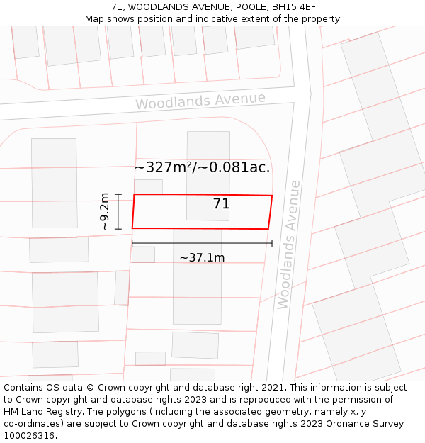 71, WOODLANDS AVENUE, POOLE, BH15 4EF: Plot and title map