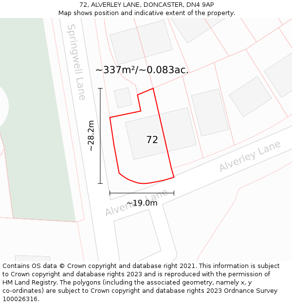 72, ALVERLEY LANE, DONCASTER, DN4 9AP: Plot and title map