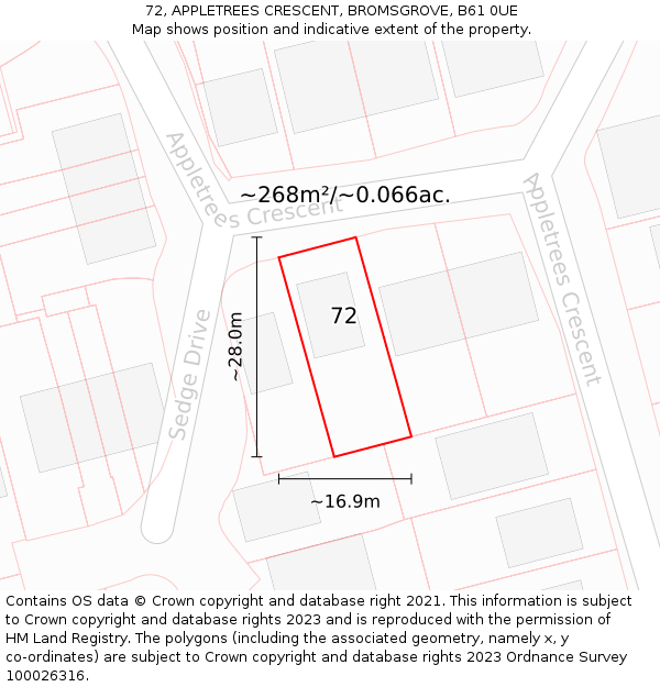 72, APPLETREES CRESCENT, BROMSGROVE, B61 0UE: Plot and title map