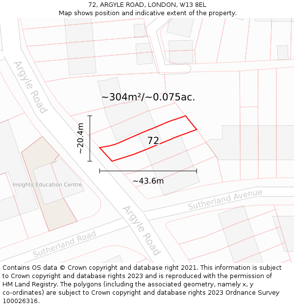 72, ARGYLE ROAD, LONDON, W13 8EL: Plot and title map