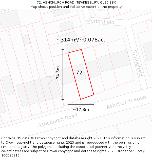 72, ASHCHURCH ROAD, TEWKESBURY, GL20 8BX: Plot and title map