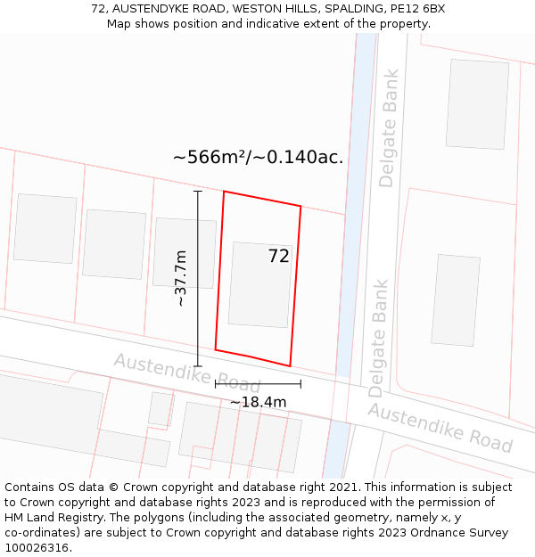 72, AUSTENDYKE ROAD, WESTON HILLS, SPALDING, PE12 6BX: Plot and title map