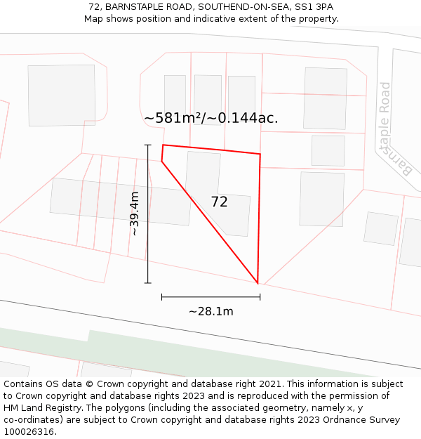 72, BARNSTAPLE ROAD, SOUTHEND-ON-SEA, SS1 3PA: Plot and title map