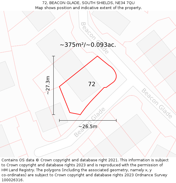 72, BEACON GLADE, SOUTH SHIELDS, NE34 7QU: Plot and title map