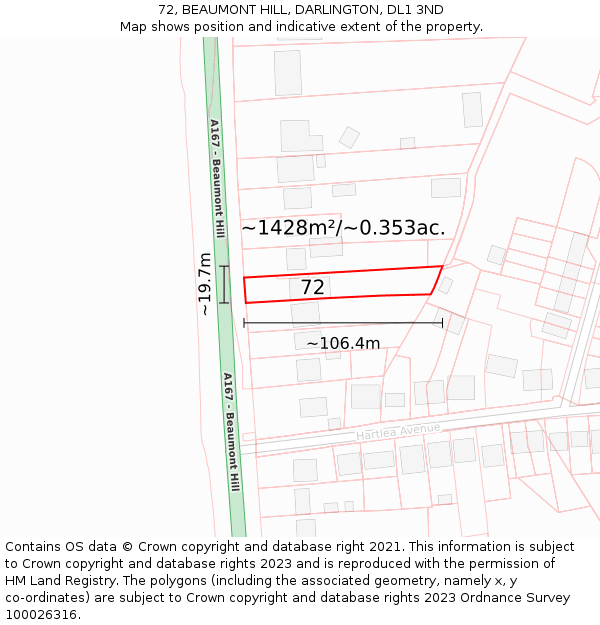 72, BEAUMONT HILL, DARLINGTON, DL1 3ND: Plot and title map