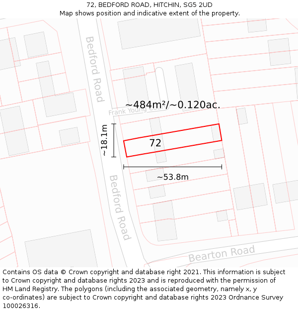 72, BEDFORD ROAD, HITCHIN, SG5 2UD: Plot and title map