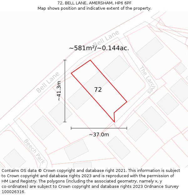 72, BELL LANE, AMERSHAM, HP6 6PF: Plot and title map