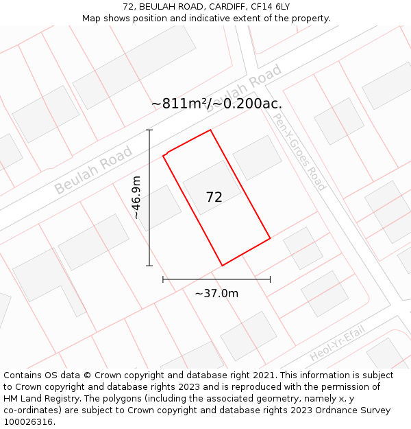 72, BEULAH ROAD, CARDIFF, CF14 6LY: Plot and title map