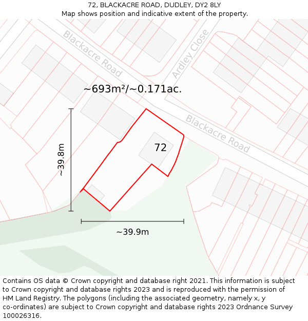 72, BLACKACRE ROAD, DUDLEY, DY2 8LY: Plot and title map