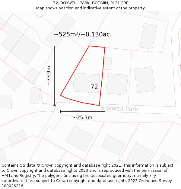 72, BOXWELL PARK, BODMIN, PL31 2BE: Plot and title map