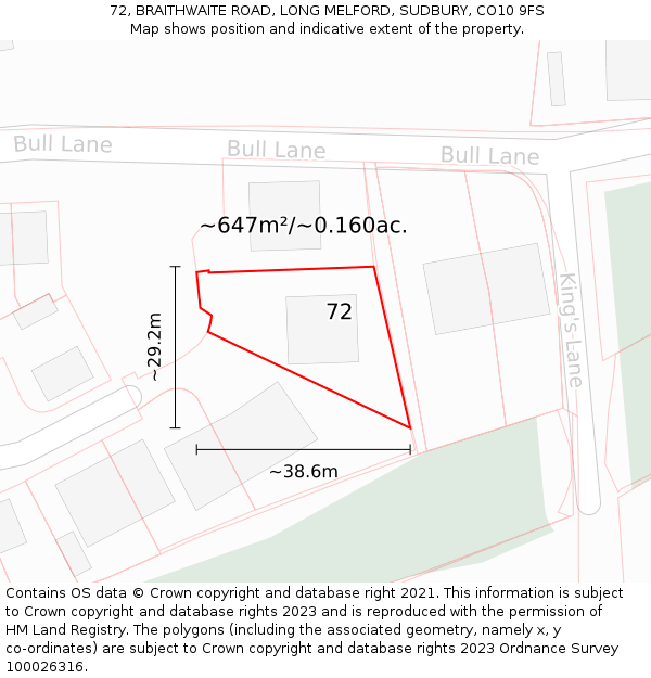 72, BRAITHWAITE ROAD, LONG MELFORD, SUDBURY, CO10 9FS: Plot and title map