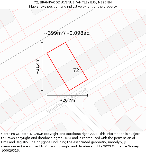 72, BRANTWOOD AVENUE, WHITLEY BAY, NE25 8NJ: Plot and title map