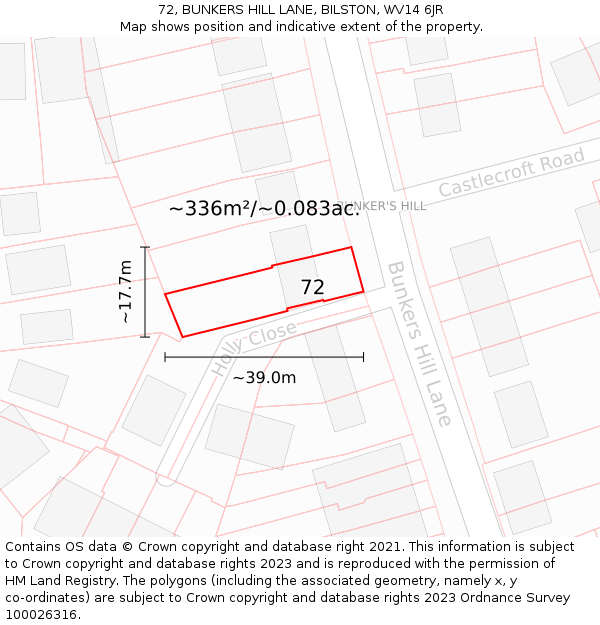 72, BUNKERS HILL LANE, BILSTON, WV14 6JR: Plot and title map