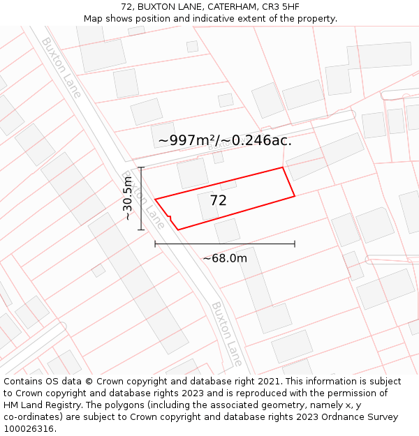 72, BUXTON LANE, CATERHAM, CR3 5HF: Plot and title map