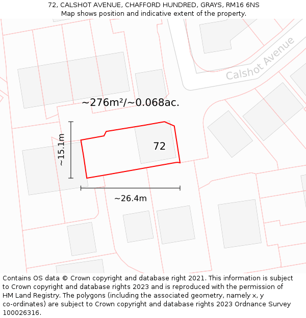 72, CALSHOT AVENUE, CHAFFORD HUNDRED, GRAYS, RM16 6NS: Plot and title map