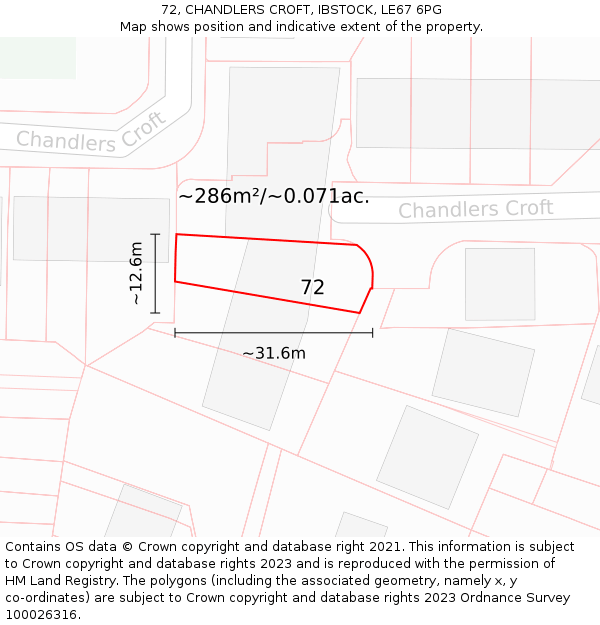 72, CHANDLERS CROFT, IBSTOCK, LE67 6PG: Plot and title map