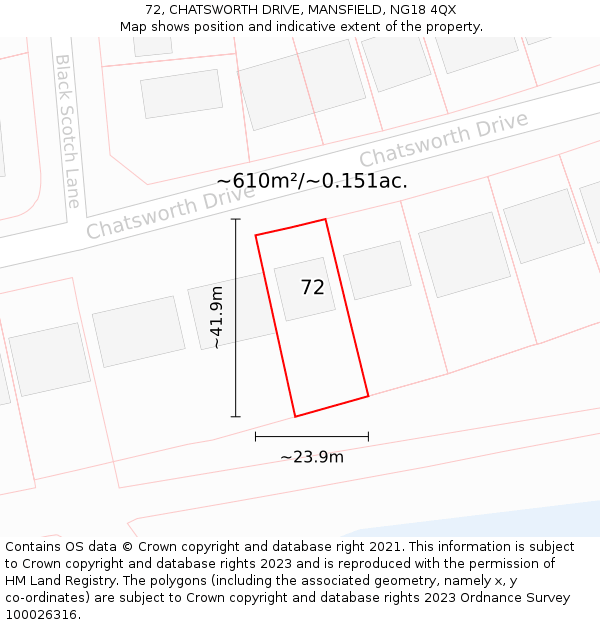 72, CHATSWORTH DRIVE, MANSFIELD, NG18 4QX: Plot and title map