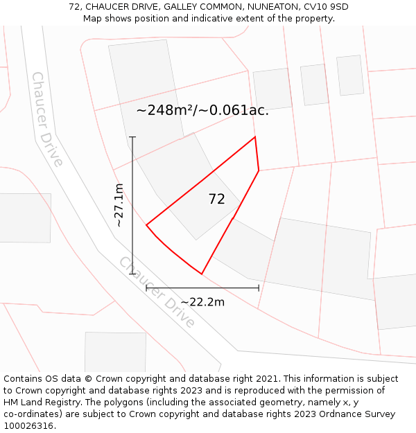 72, CHAUCER DRIVE, GALLEY COMMON, NUNEATON, CV10 9SD: Plot and title map